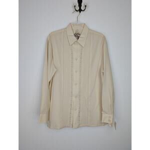 Vintage Beau Tiki Shirt Mens Large Beige Long Sleeve Lace Panel Hawaii 70s